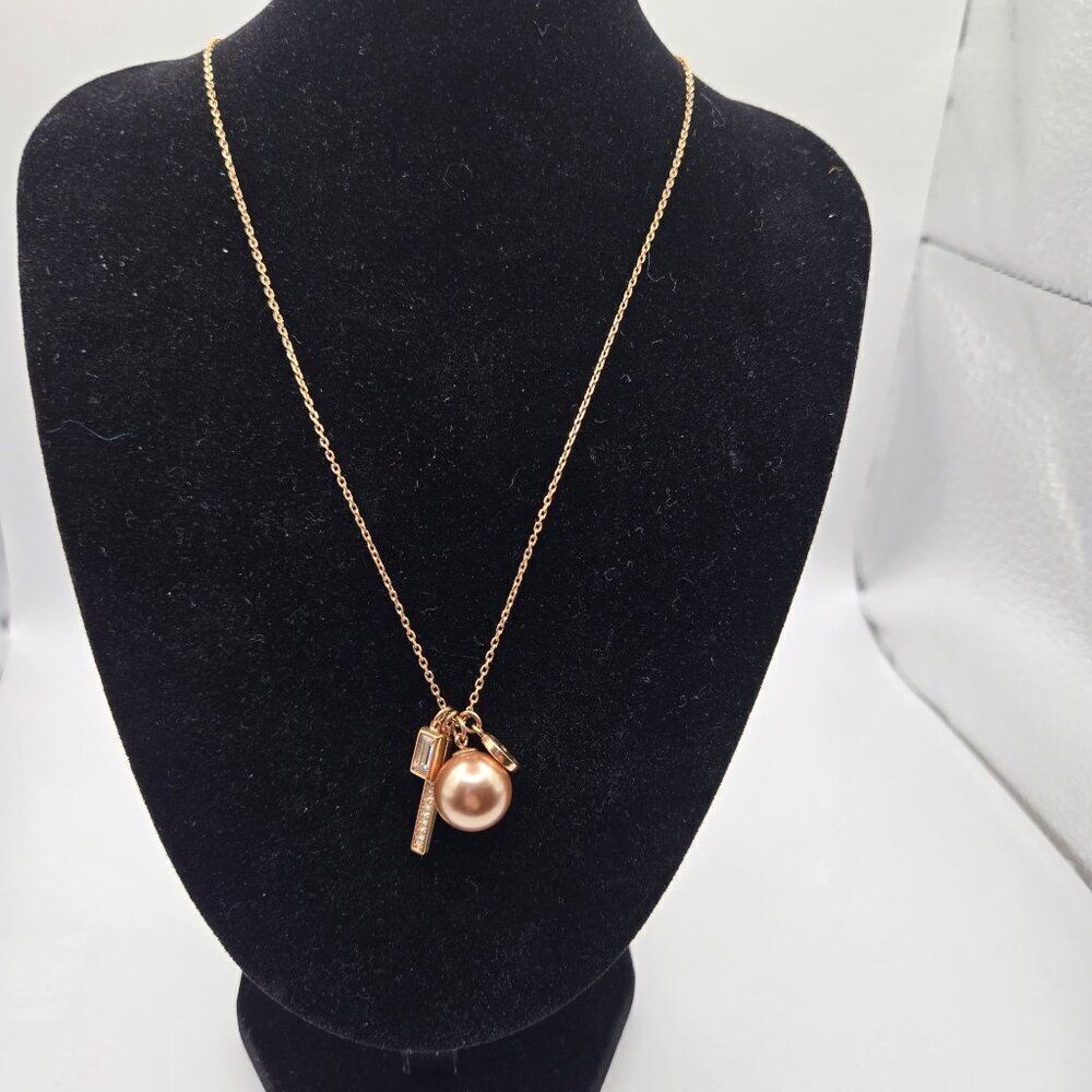 Michael Kors Rose Gold-Tone Necklace Pearl Crystal Pendant Accents